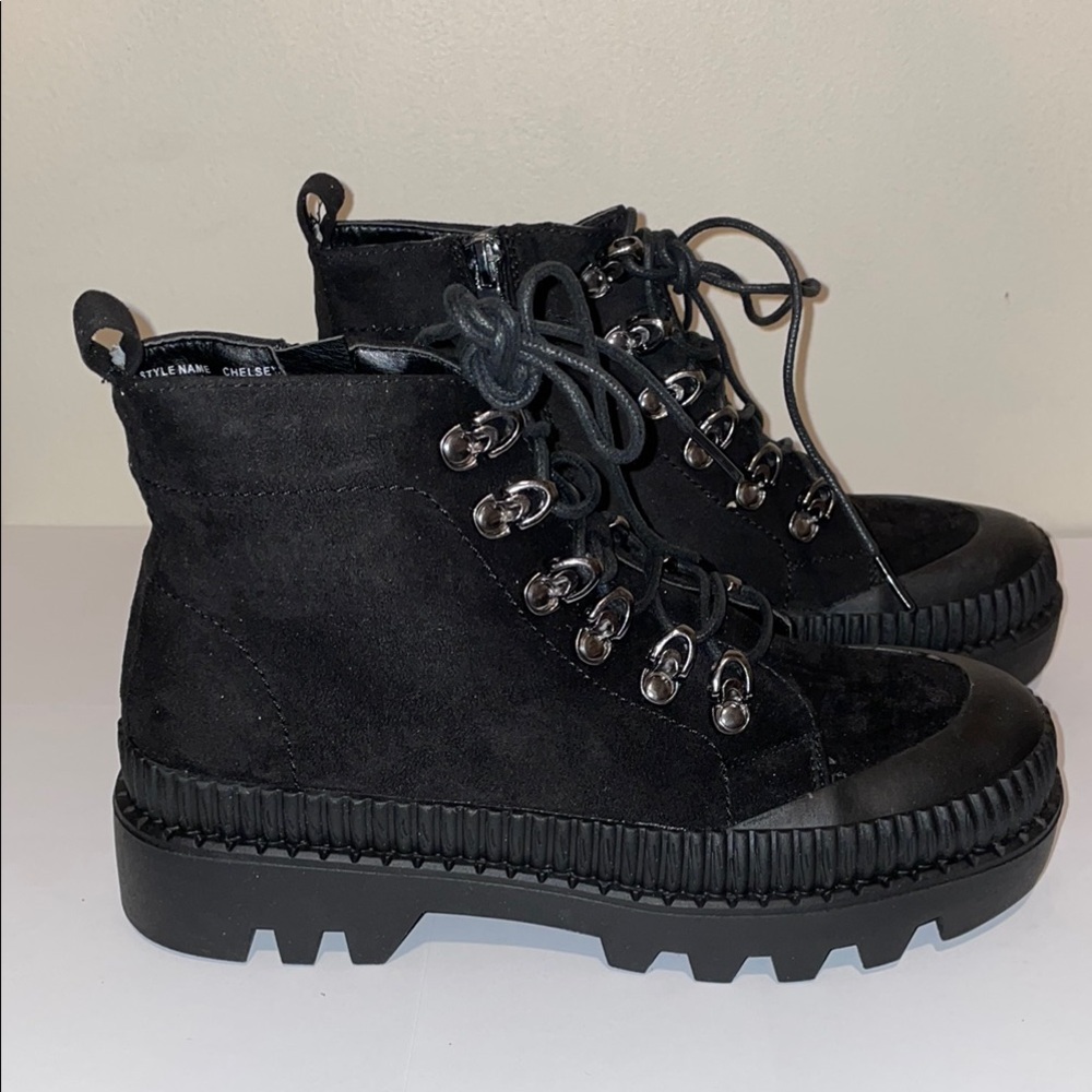 Chase + Chloe Black Suede Lug Sole Boots – Zipper & Tie Closure Bikercore Combat